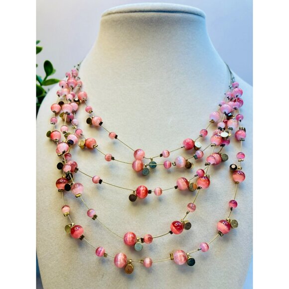 Pink Multi-Strand Beaded Necklace Gold Accents Adjustable Clasp -172 - Picture 2 of 3